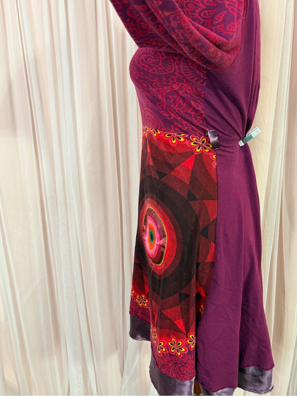Desigual M Burgundy Patchwork Floral Rhinestone Long Sleeve Dress Y2K Boho - Picture 9 of 12